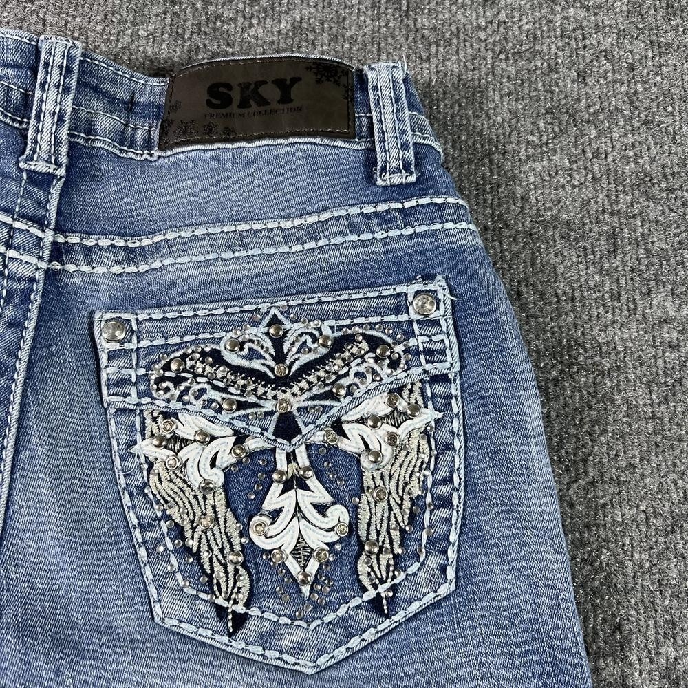 SKY Flared Jeans Women's 4 Blue Denim Embroidered Western Rhinestones Workwear - Picture 15 of 16